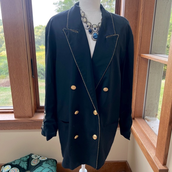 Vintage Shelli Segal Double Breasted Navy Gold Embroidered Trim Buttons Jacket - Picture 1 of 13